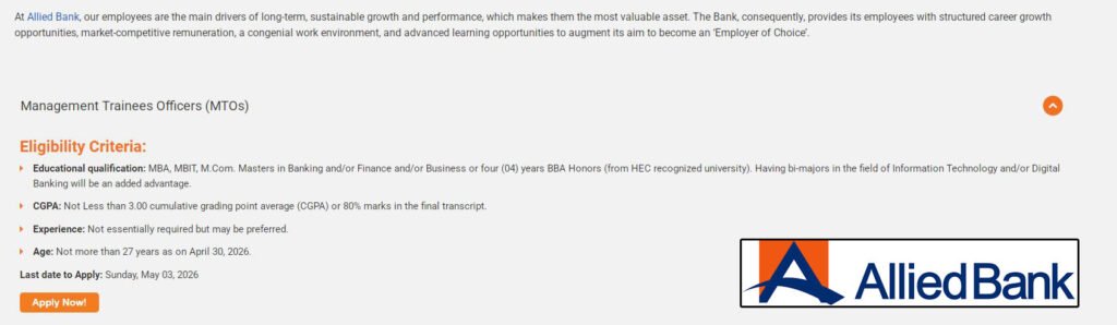 Management Trainee Officers MOTs Jobs in Allied Bank May 2026