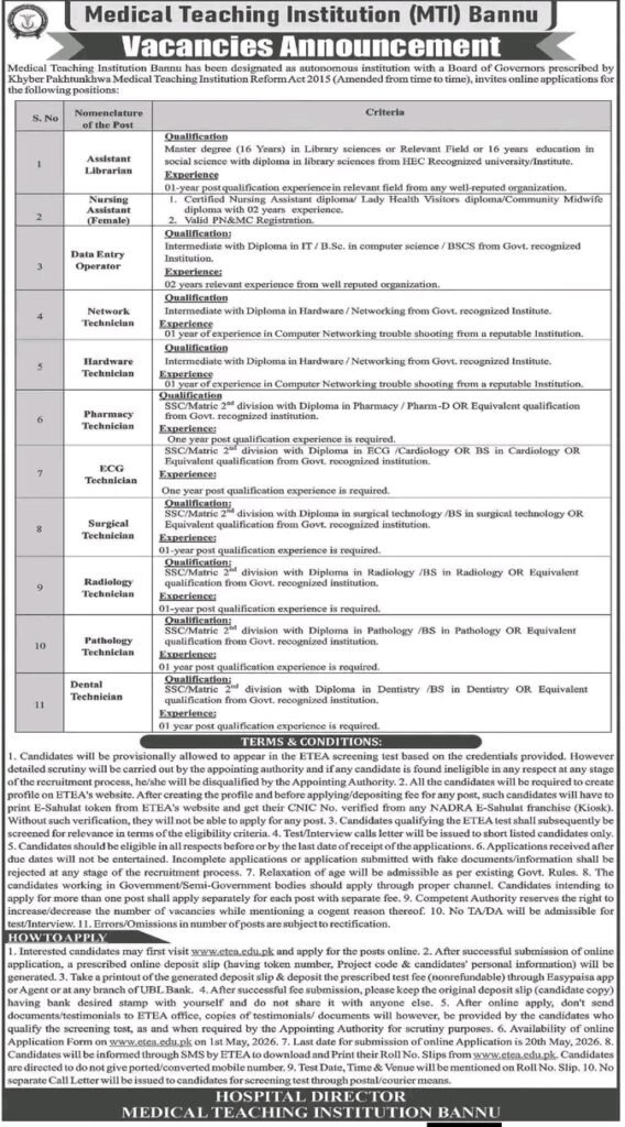 Medical Teaching Institution (MTI) Bannu Jobs May 2026
