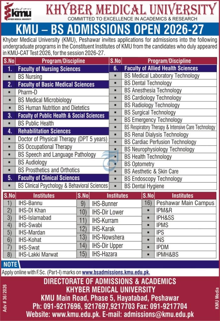 Khyber Medical University BS Admission Open 2026-27