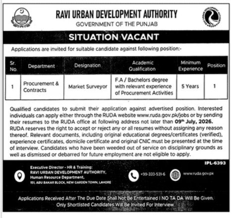 Ravi Urban Development Authority Situation Vacant July 2026 Advertisement