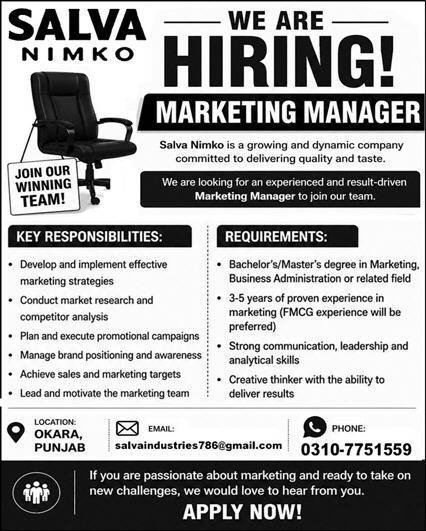 Salva Nimko Hiring Staff for Male and Female in Okara July 2026 Advertisement