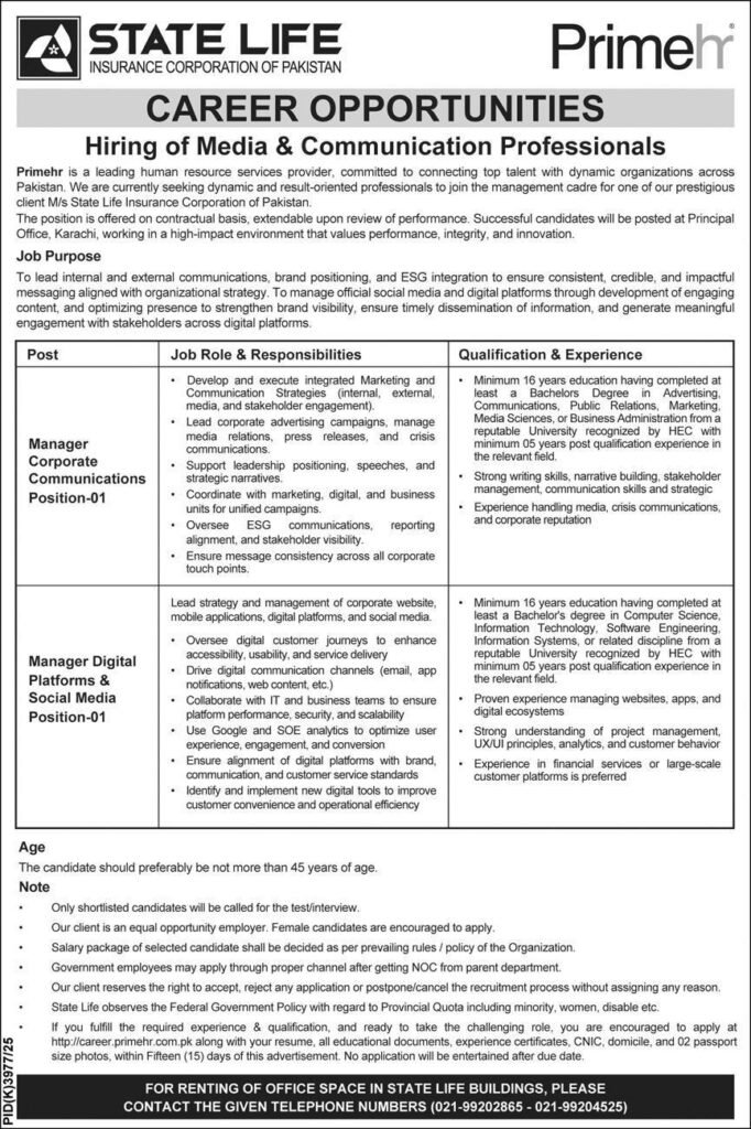 State Life Insurance Corporation of Pakistan July 2026 Apply Online – Latest Media & Communication Jobs