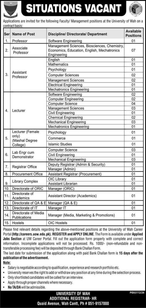 50+ Govt Jobs Open in University of Wah July 2026