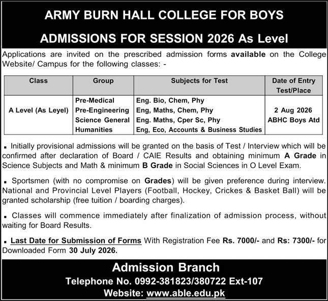 Army Burn Hall College for Boys Admission for Session 2026 Registration Open