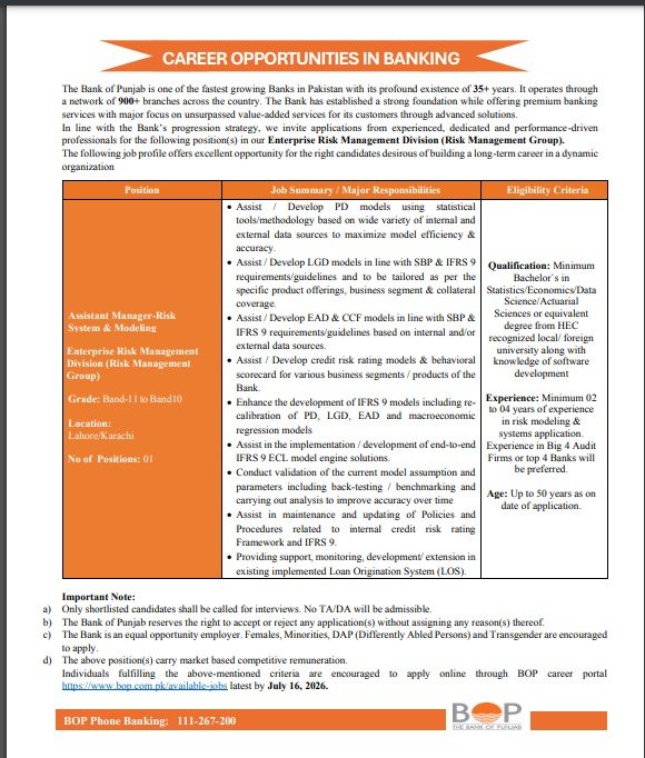 Bank of Punjab Career Opportunities in Karachi July 2026 Apply Online
