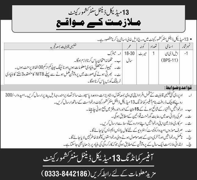 LDC Required at Kashmore Cantt July 2026 Advertisement | 13 Medical Dental Centre Kashmore Cantt Jobs