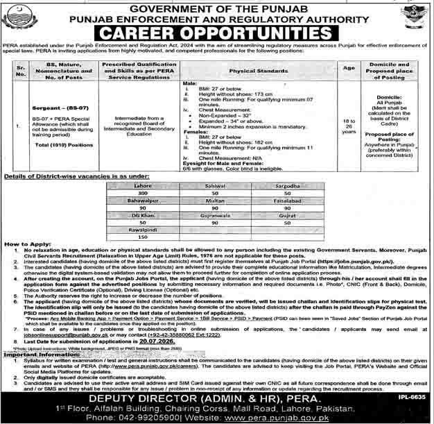 Sergeant Jobs in PERA July 2026