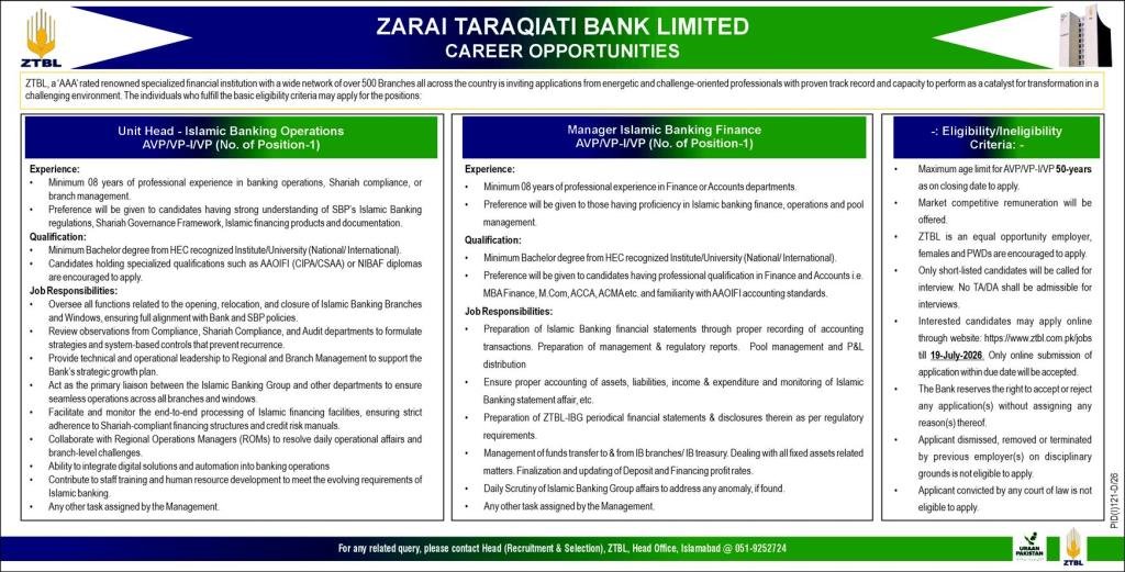 ZTBL Career Opportunities July 2026 Apply Online | Islamic Banking Jobs at Zarai Taraqiati Bank Limited