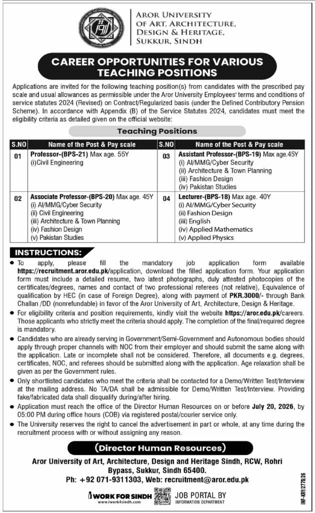 Teaching Staff is Required at Sukkar Sindh July 2026 Apply Online | Aror University Jobs 2026